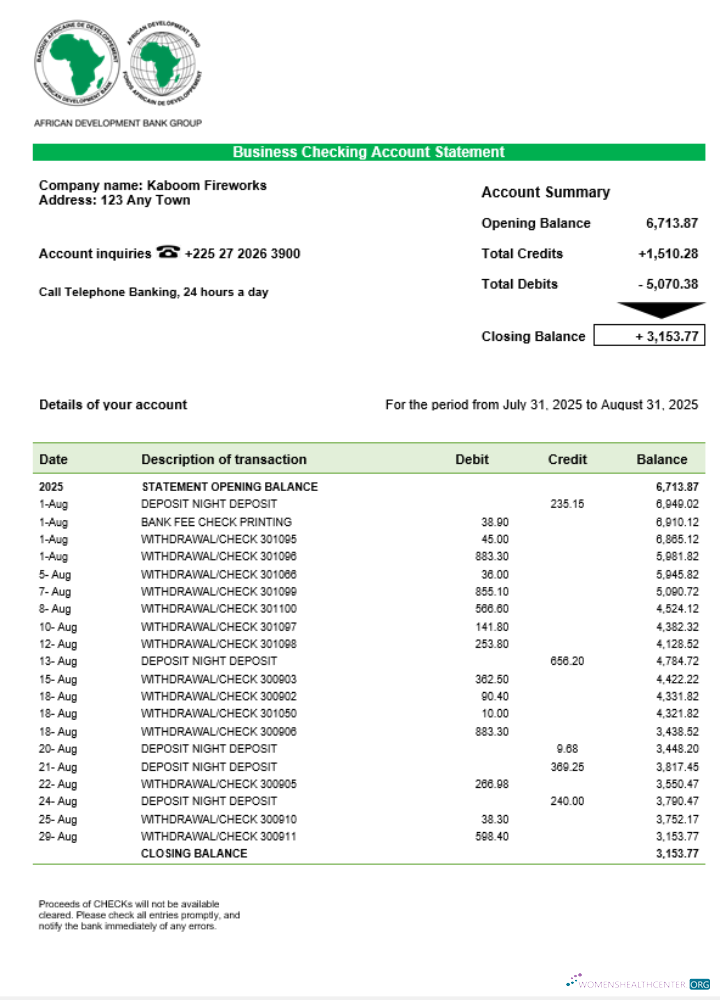 Download African Development business bank statement Word and PDF format Photoshop template